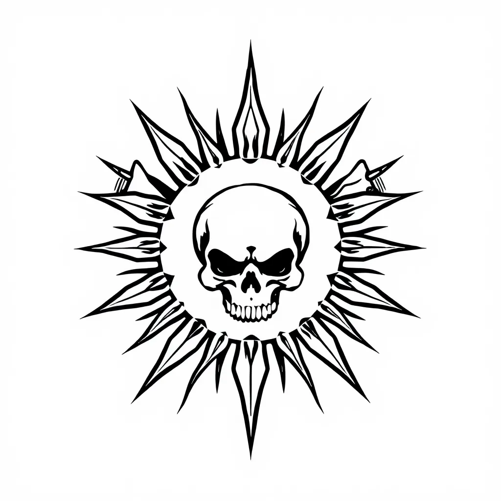 "An abstract symbol featuring a stylized skull at the center of a sun with sharp rays, surrounded by two curved shapes resembling claws or wings pointing upward. The design is monochromatic, with bold and striking lines in a tribal style, perfect for a symbolic and impactful tattoo. A minimalist yet powerful style with clean and sharp lines is preferred, suitable for placement on the shoulder or chest." tattoo