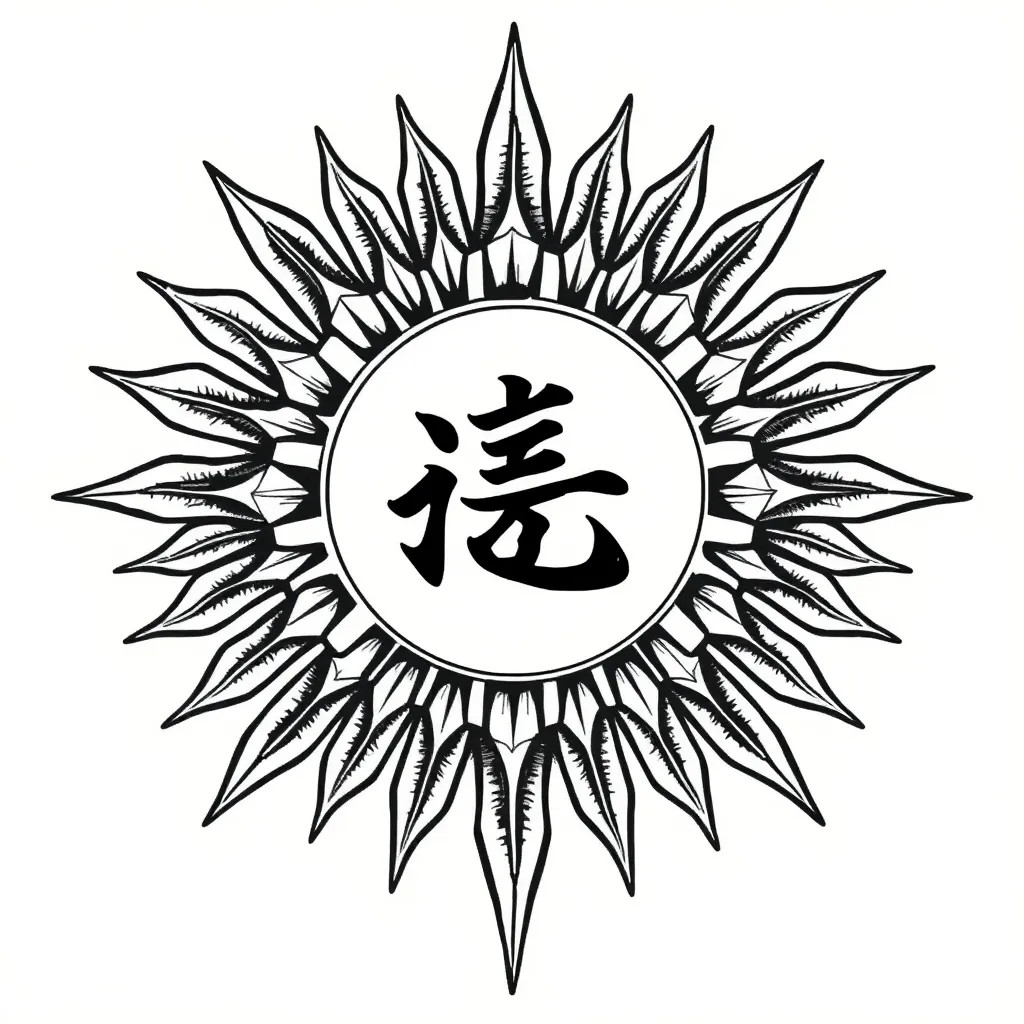 An Egyptian-style old school sun with a calligraphic Chinese character for ‘泰’ inside. 入れ墨