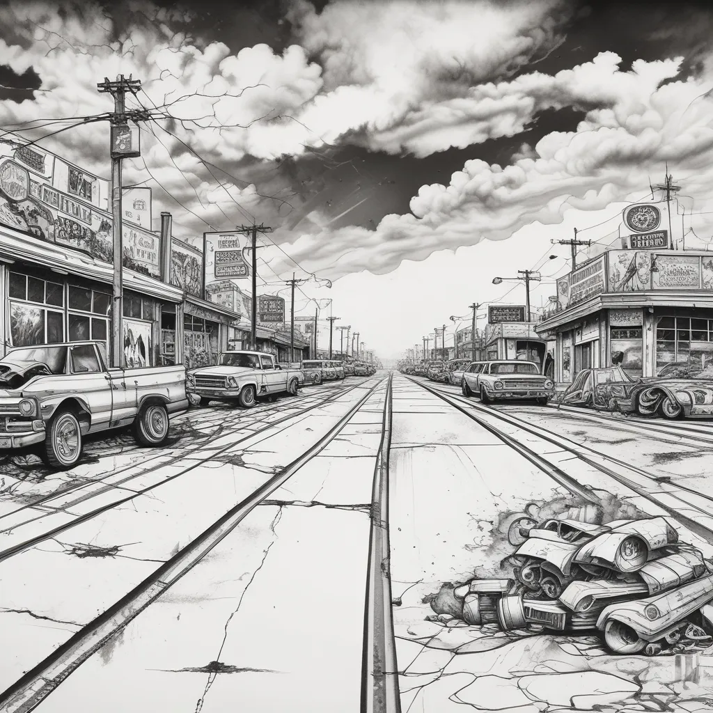 An empty, cracked highway stretching into the distance, lined with dilapidated signs and wrecked vehicles.  tatuointi