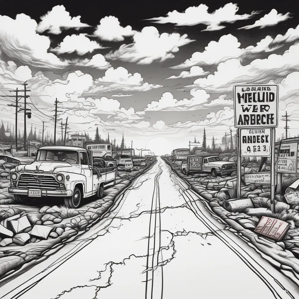 An empty, cracked highway stretching into the distance, lined with dilapidated signs and wrecked vehicles 纹身