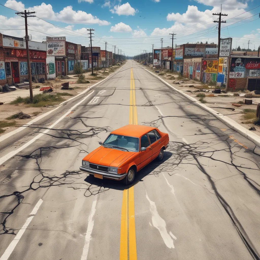 An empty, cracked highway stretching into the distance, lined with dilapidated signs and wrecked vehicles tatuaż