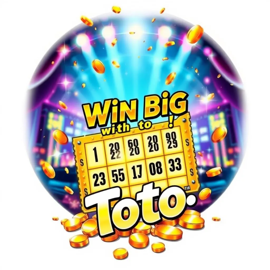 An exciting lottery advertisement for Toto, featuring a golden jackpot prize with vibrant sparkles in the background. Display a large lottery ticket with winning numbers in bold, as confetti rains down to celebrate the thrill of winning. The text 'Win Big with Toto!' is displayed in bright, bold font. The scene has a festive feel, with golden coins scattered and colorful lights highlighting the ticket. A background of city lights or a glamorous stage adds to the excitement and allure of hitting the jackpot tattoo