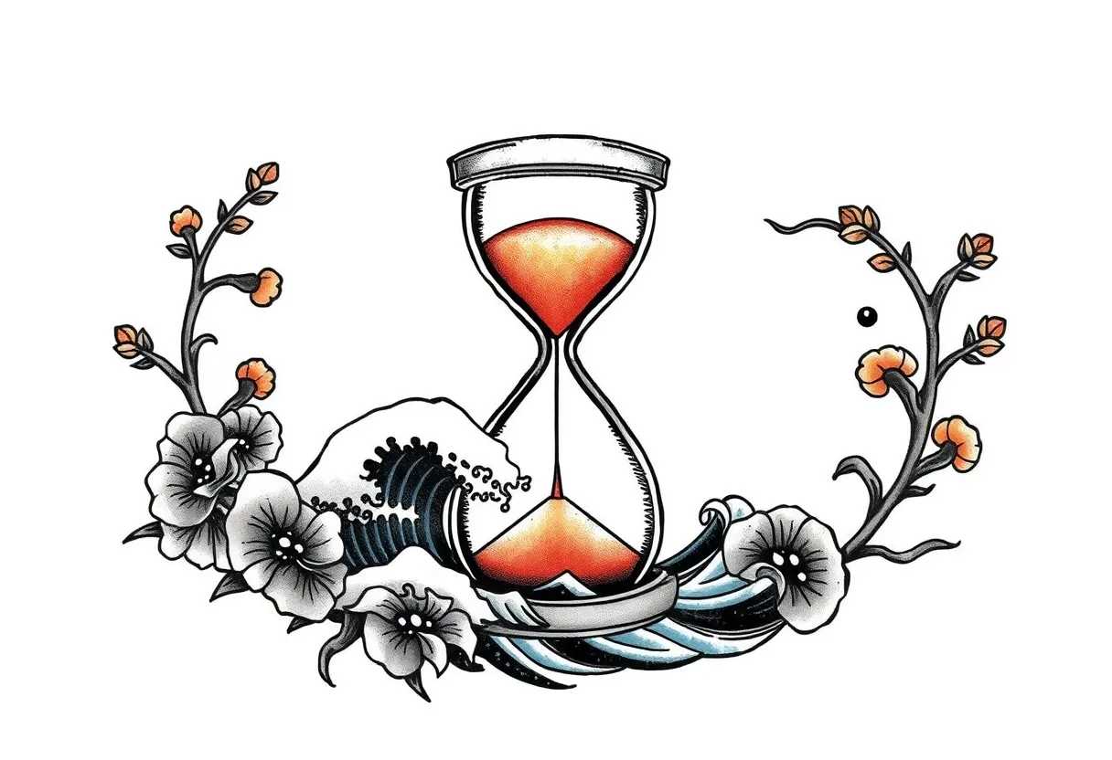 an hourglass, a sun and a wave, representing the idea of living our dreams 入れ墨