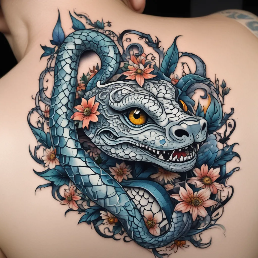 an ice snake with edelweiss in its eyes tatuering