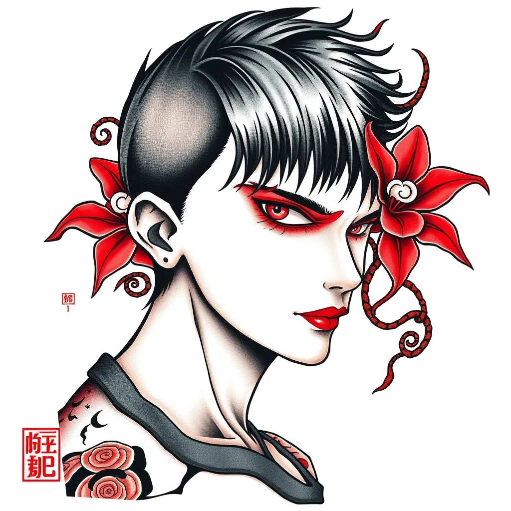 Une image style tatouage du personnage Tomie de Junji ito avec des détails lié a son univers sur les cotés comme des Spirales et des Lycoris Rouge 문신