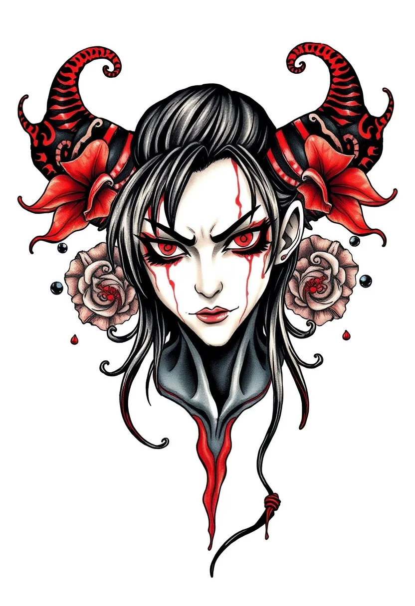 Une image style tatouage du personnage Tomie de Junji ito avec des détails lié a son univers sur les cotés comme des Spirales et des Lycoris Rouge tatuaje