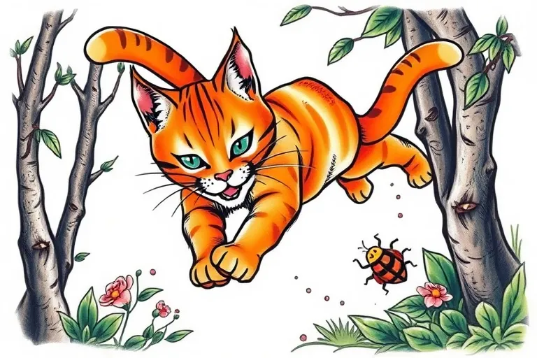 An orange cat chasing a bug in the forest. tattoo