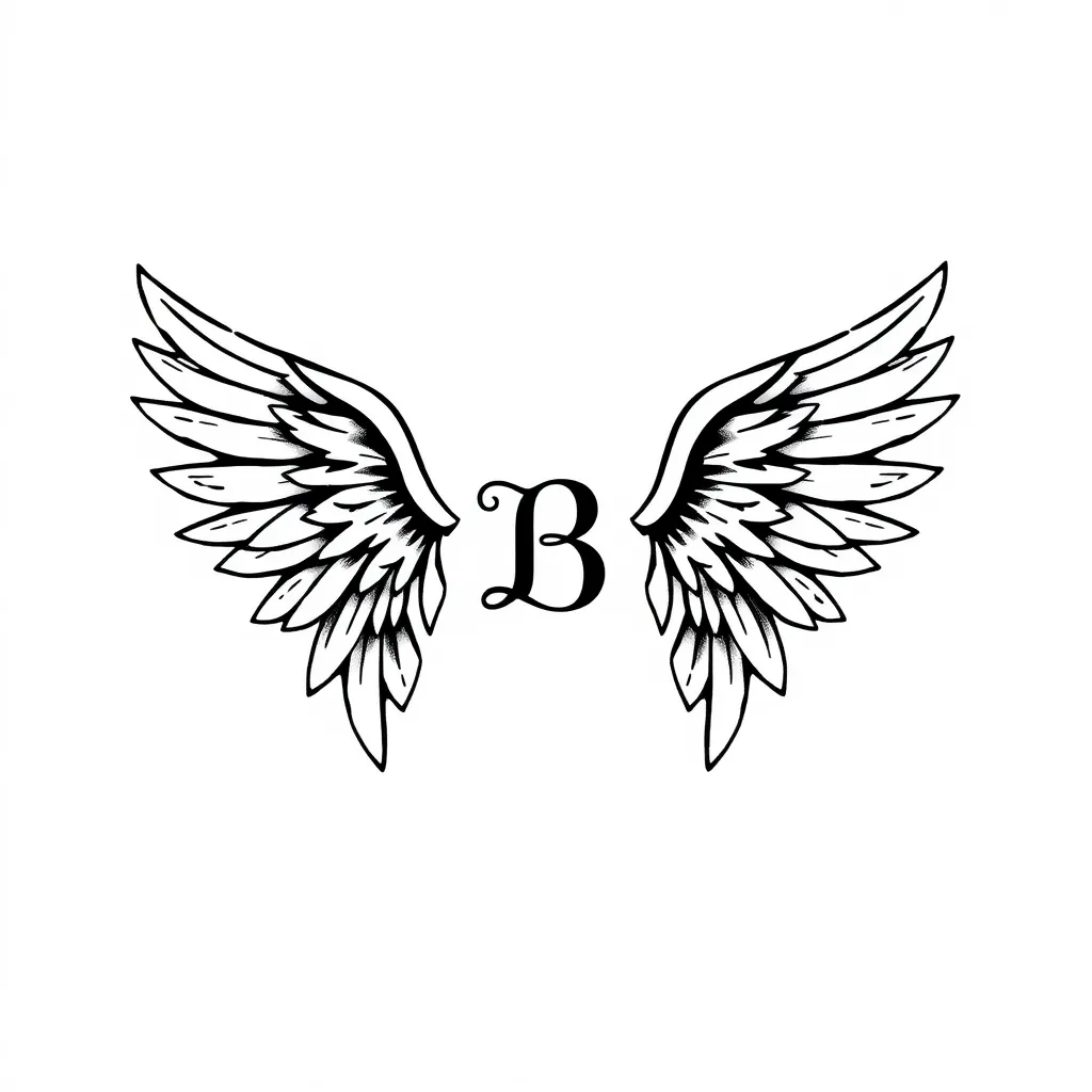 ailes d'ange avec la lettre "B" au milieu tattoo