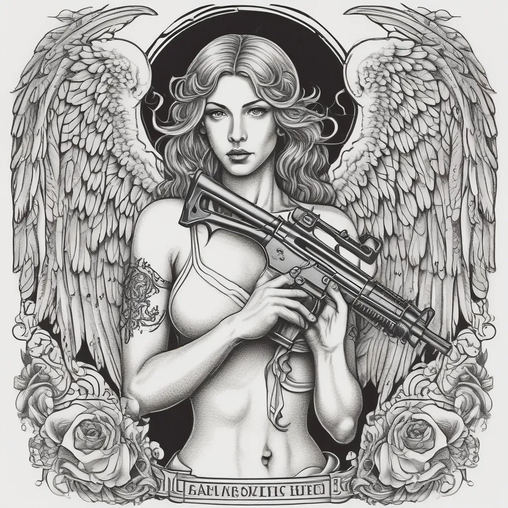 Angel with M16 gun 문신