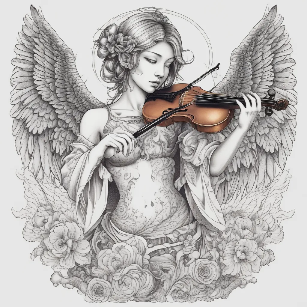 Angel with M16 that fly under 2 hands which handle 2 people with violin tatuaż