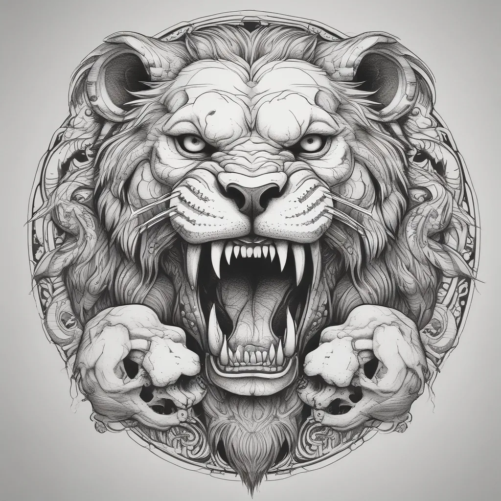 Angry Lion eating a human skull in its mouth tatuering