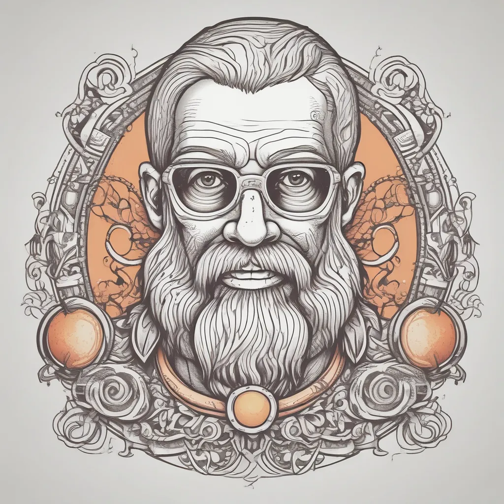 Anthropomorphic bearded orange tattoo