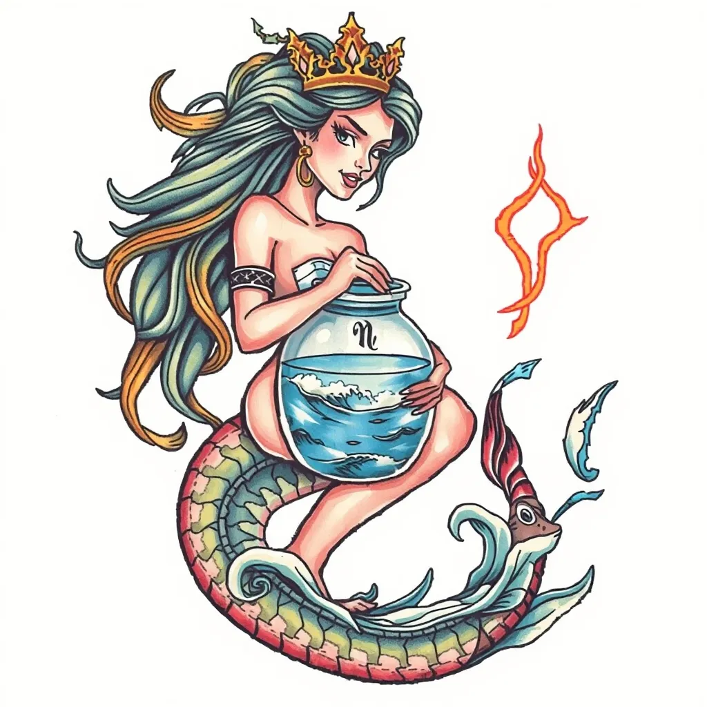 水瓶座代表性女神，蛇，瓶子，海里 tattoo