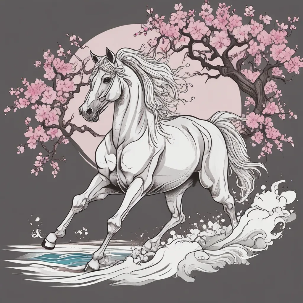 Arabian horse running on the beach and cherry blossom  tattoo