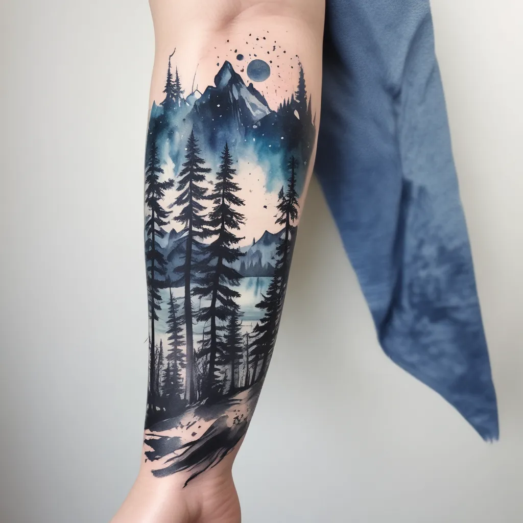 Arm sleeve tattoo. Nordic nature. A forest on a forearm, a fjord and a night sky with stars. टैटू