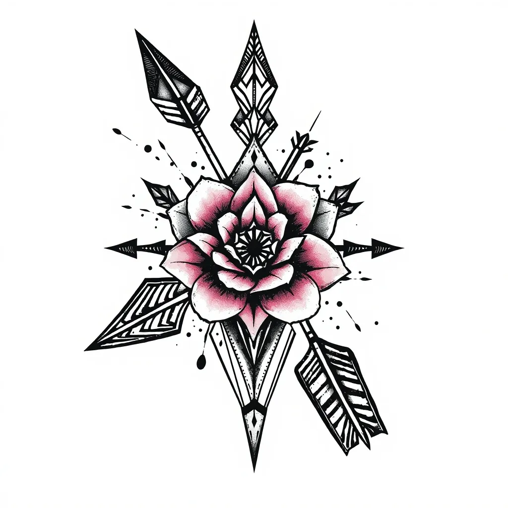 flecha, rosa y figura geométrica  tatuagem