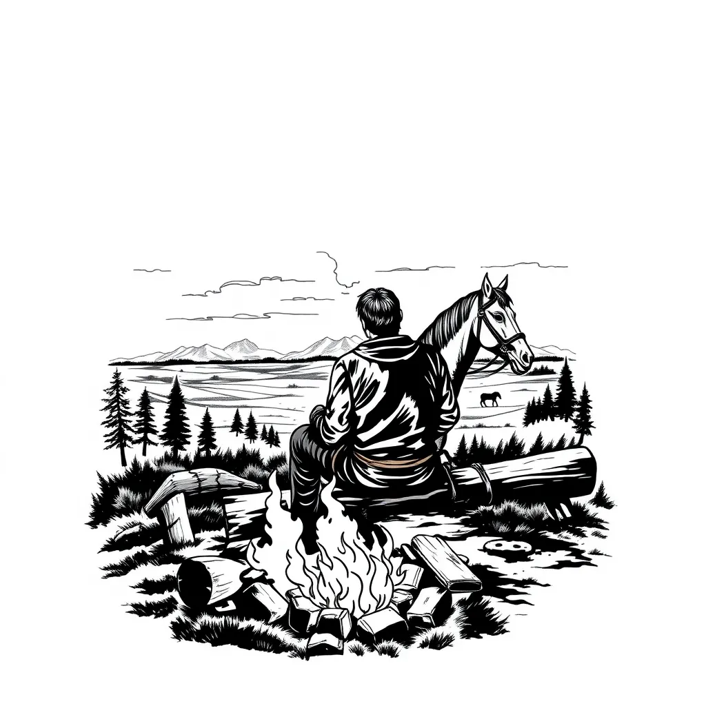 arthur morgan from rdr2 sitting at a campfire with his horse, looking out at a gorgeous landscape  tattoo