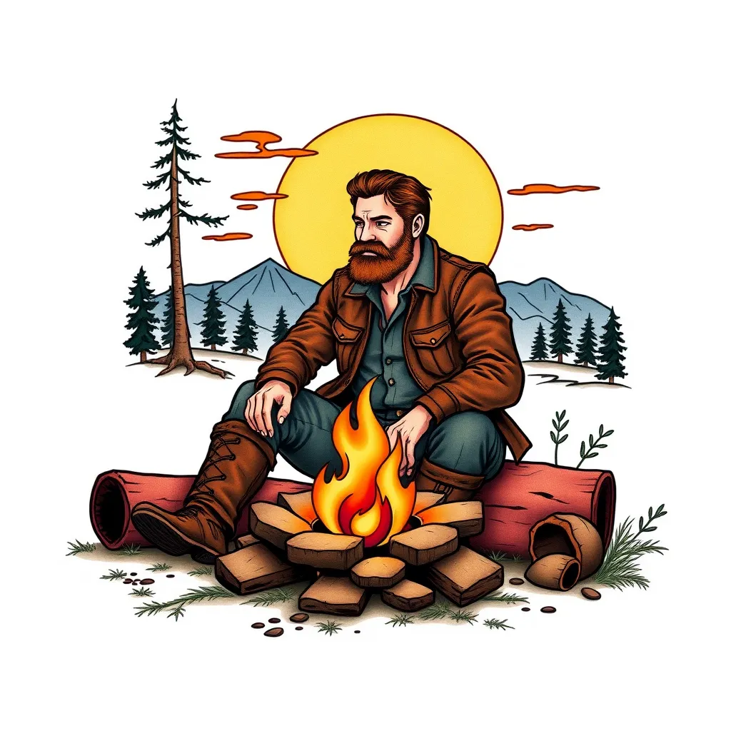 arthur morgan sitting at a campfire with a nice landscape background dövme