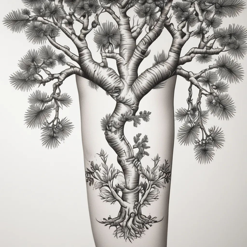 Aspen tree branch with a pine tree intertwining in oppisite directions  tatouage