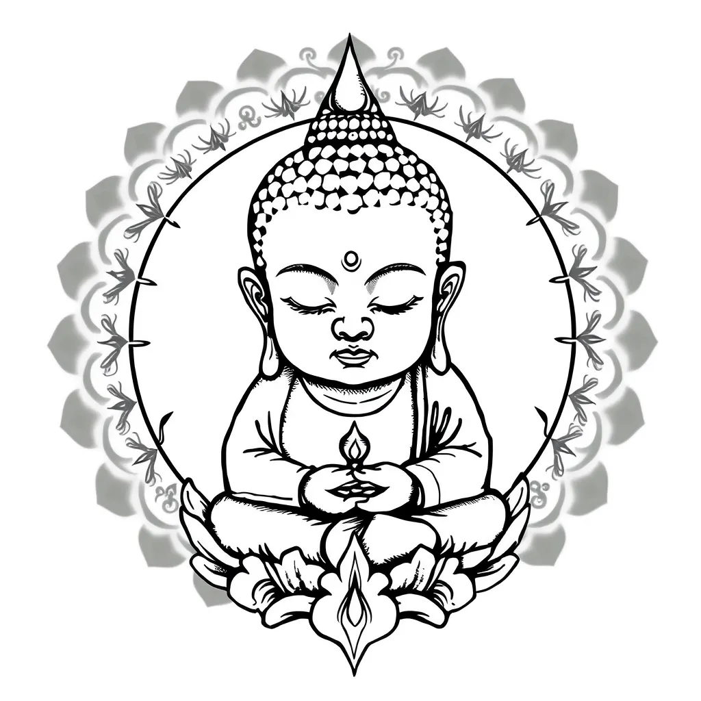 Baby face Buddha sitting thin line  tattoo  tatouage