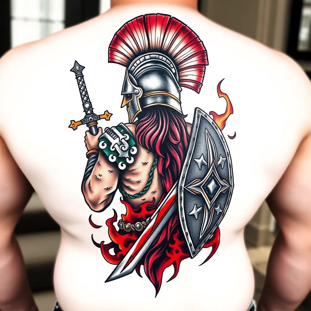 Rücken Tattoo aus einem Krieger der Hölle mit gladiator Helm Schwert und Schild  tattoo