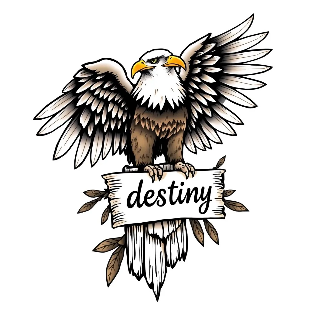 Bald eagle in a totem with a label sign written “destiny” tetování