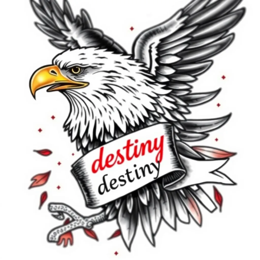 Bald eagle with a label written “destiny” all in black and details in red Tätowierung