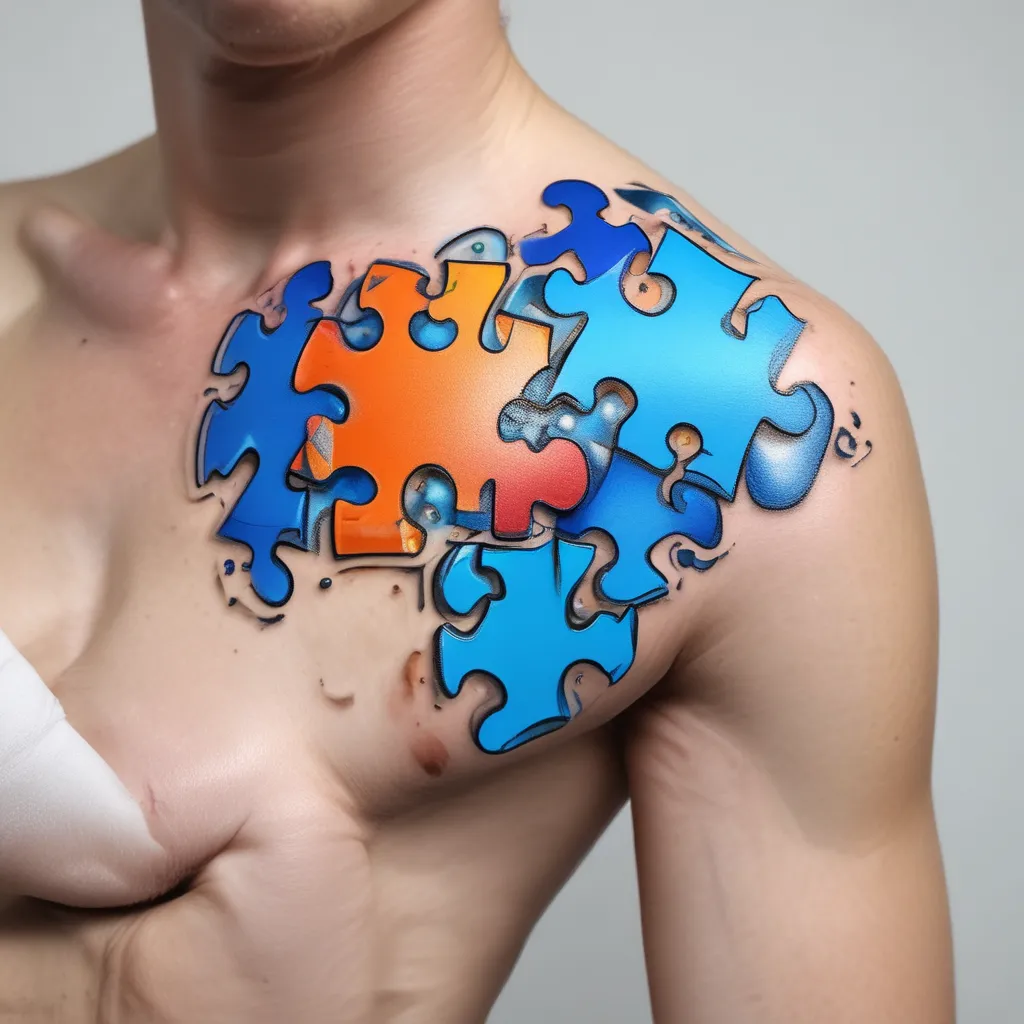 Base design on 3d autism puzzle piece. Completed puzzle covering entire right shoulder and extending from shoulder covering entire Right arm and end above the right wrist. as the design moves down the arm to the wrist the puzzle breaks up into individual pieces. Puzzle pieces in varying shades of autism blue 문신