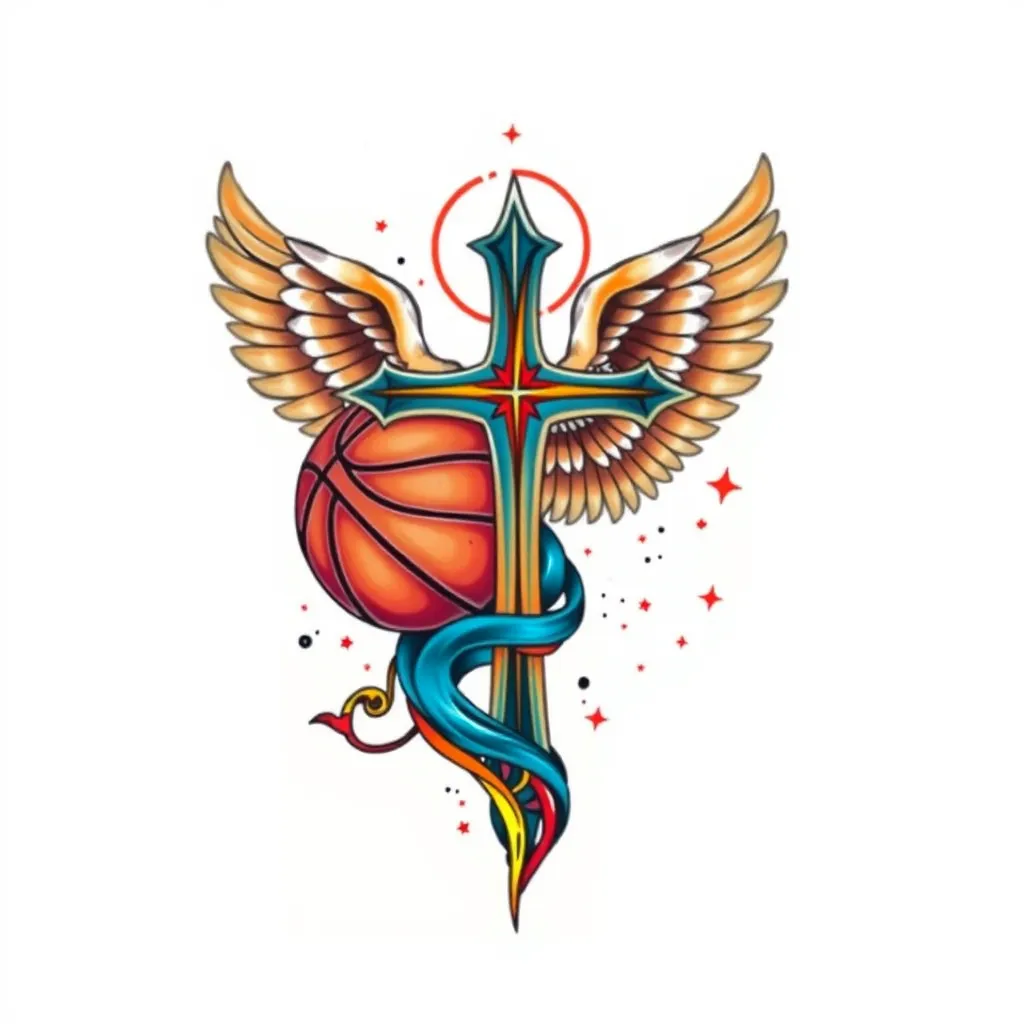 Basketball, angel, cross tattoo