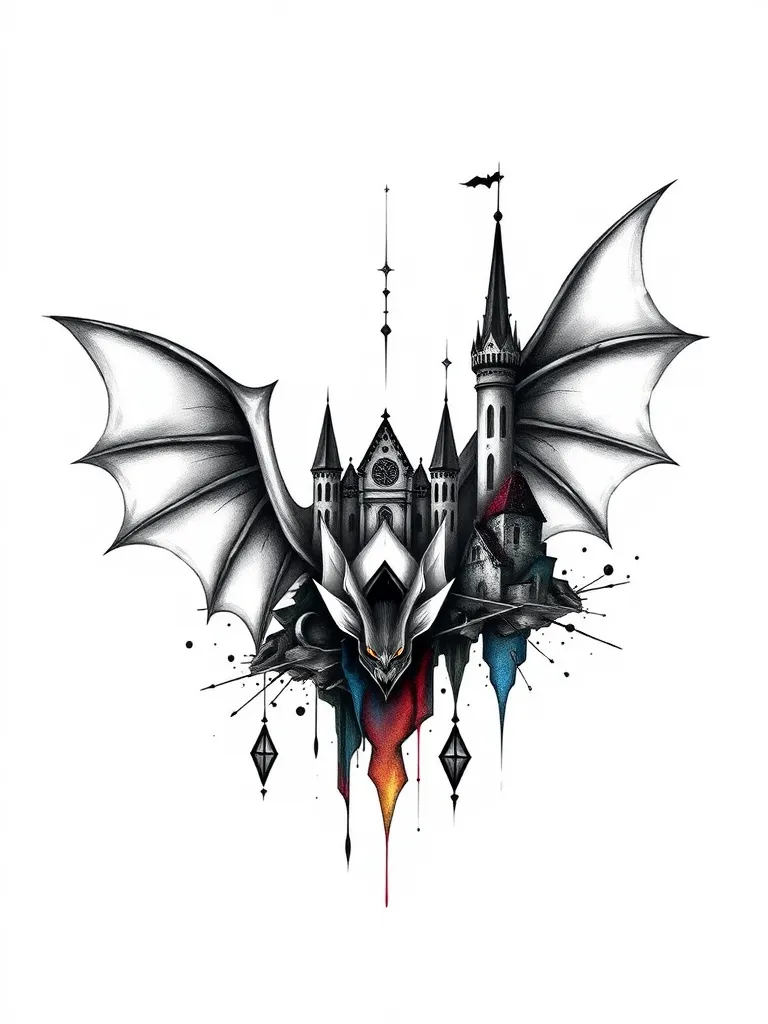 Bat and gothic castle  tatoeage