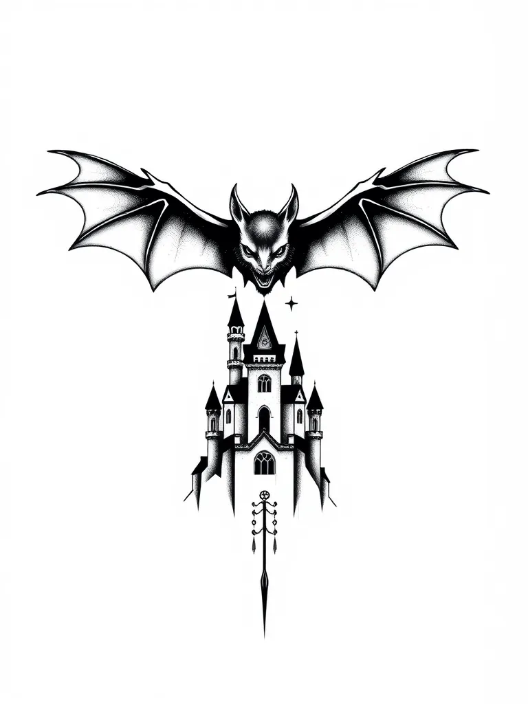 Bat and gothic castle  tattoo