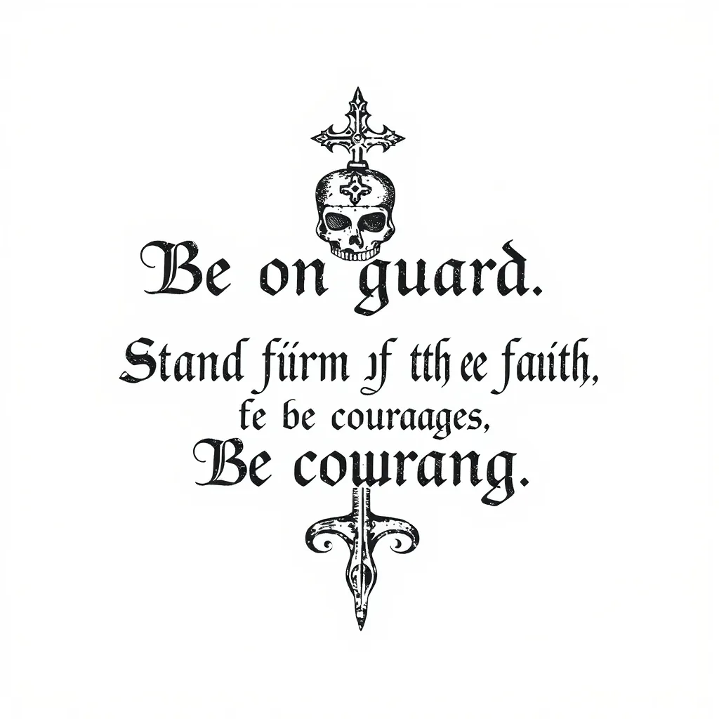 1 Corinthians 16:13. Be on guard; Stand firm in the faith; Be courageous; Be strong. τατουάζ