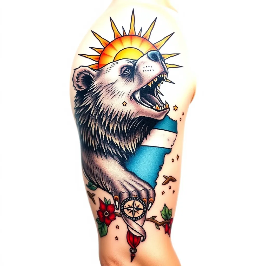 Bär der aus der Haut kommt, Argentinische Sonne mit Südamerika Karte und Kompass. Gesamter Oberarm  tatuering