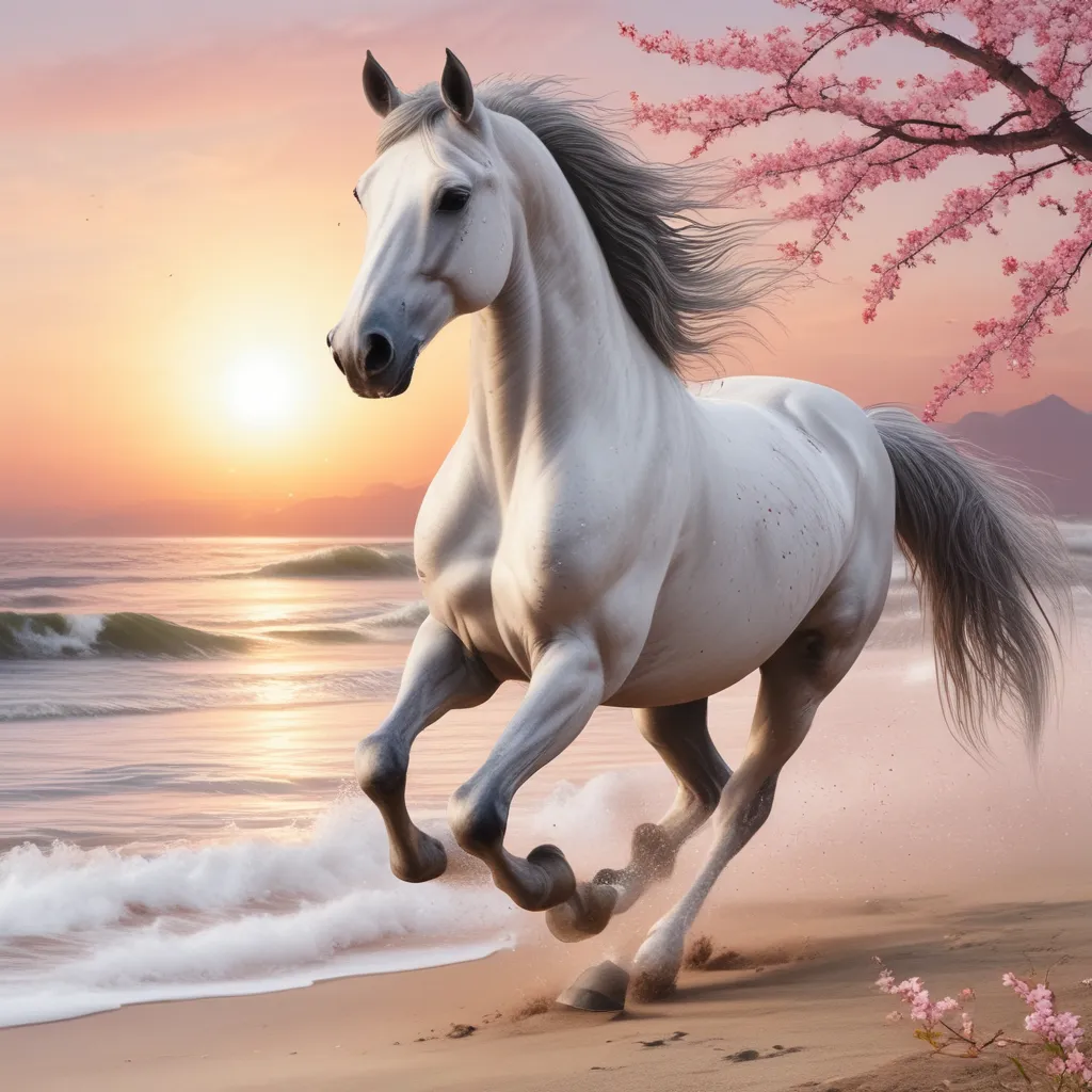 Beautiful Spanish horse in cherry blossom running on the beach on sunrise  татуировка