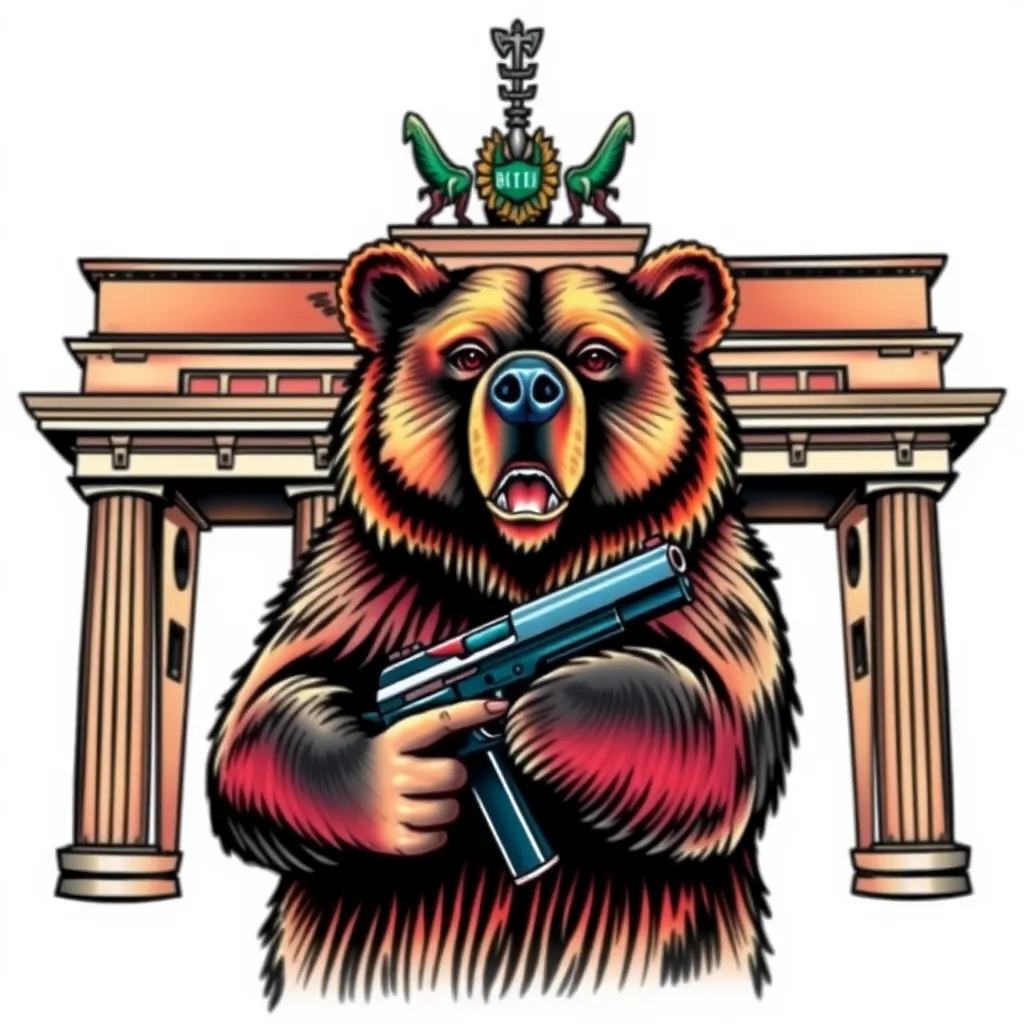 berlin tower and at the front a is a bear with a gun in his hand tatuaggio