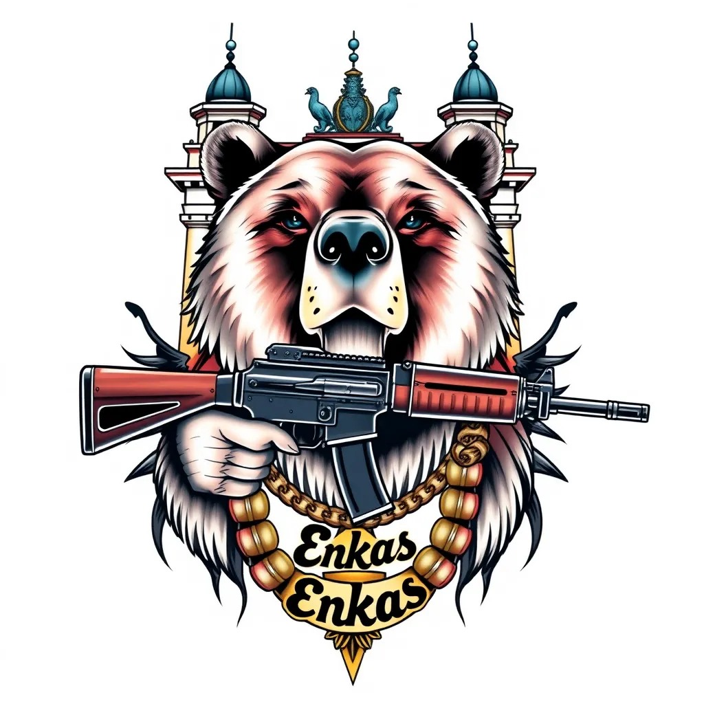 berlin tower and at the front is bear with a ak47 and wearing a chain with the name "enkas" on it tatuering