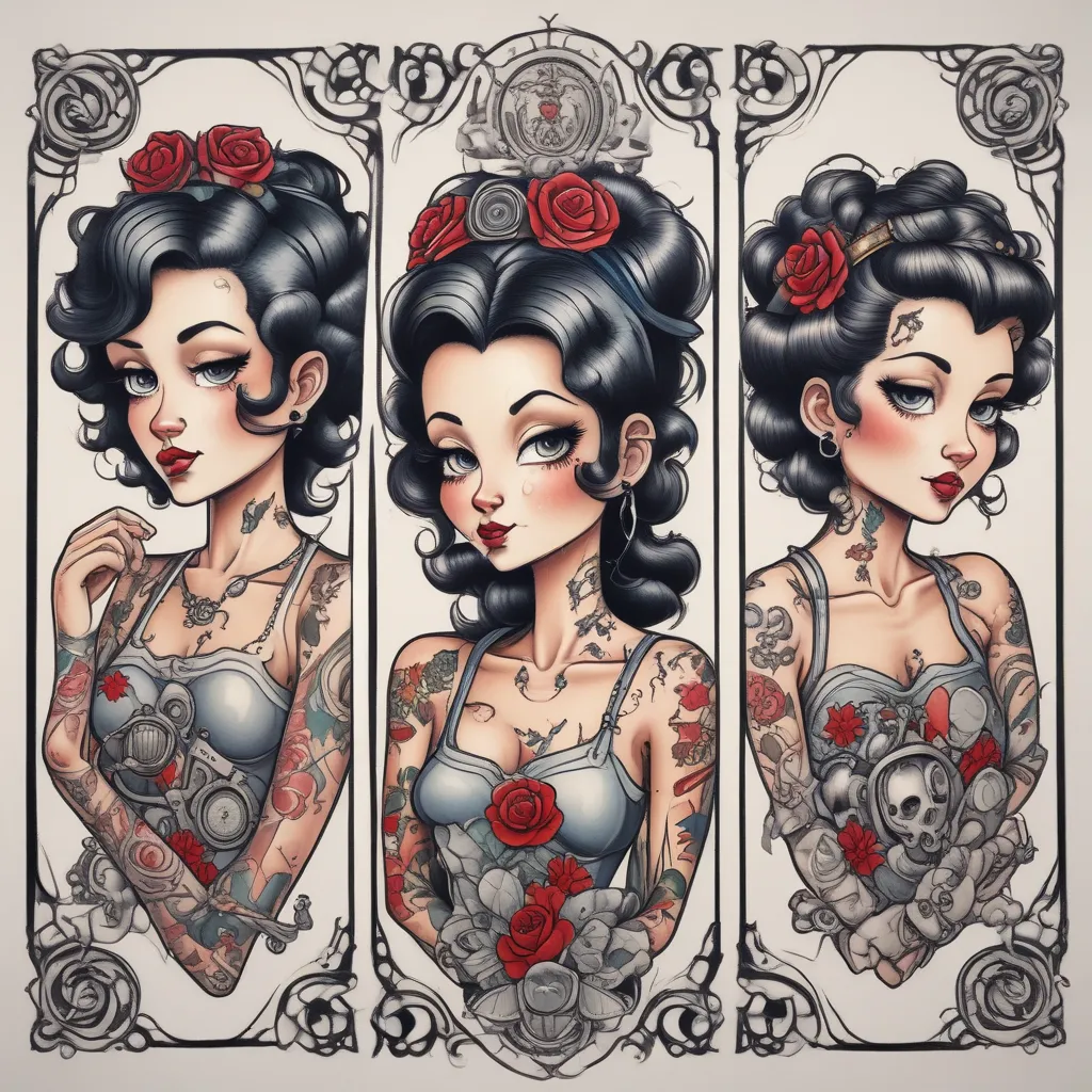 betty boop a wrench and a mother with two daughters tatuointi