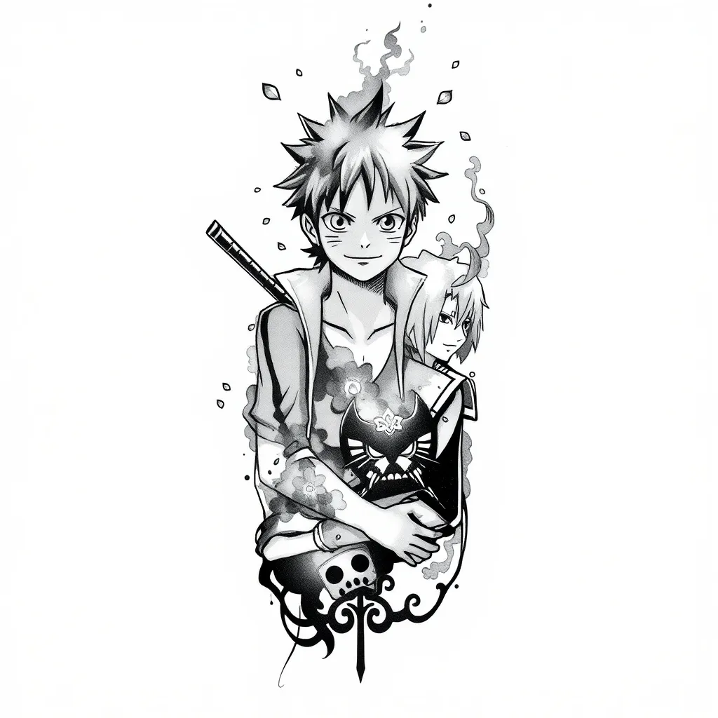 Black and gray tattoo of Luffy, Sage Mode Naruto, and Bankai Ichigo. Smoke, sakura petals, ink strokes, and symbols: Straw Hat, Hidden Leaf, and Soul Society. tattoo