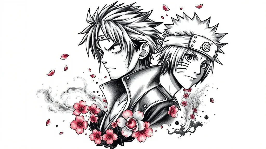 Black and gray tattoo of Luffy, Sage Mode Naruto, and Bankai Ichigo. Smoke, sakura petals, ink strokes, and symbols: Straw Hat, Hidden Leaf, and Soul Society. tattoo