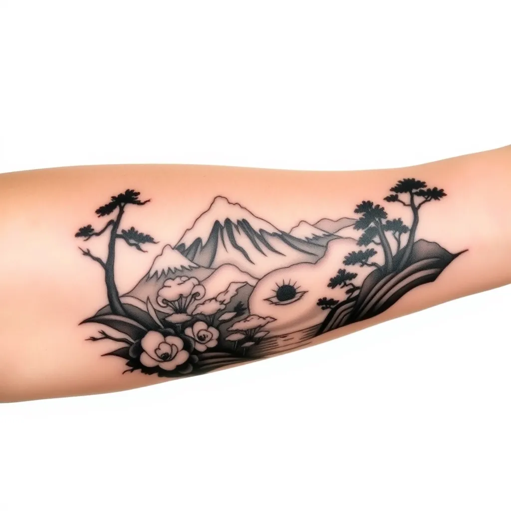 tatouage noir et gris sur le bras avec des paysage de princesse mononoké tatuaż