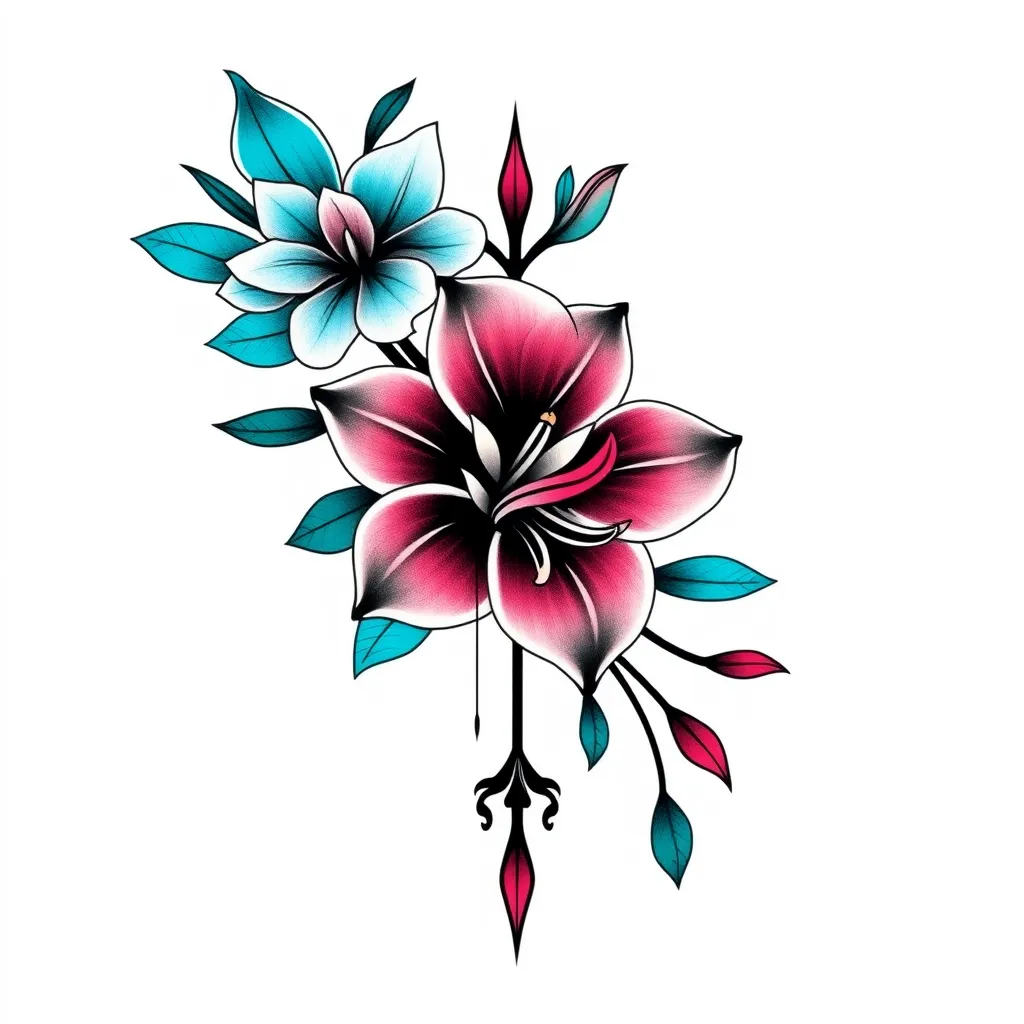 Black and turquoise shoulder chest half sleeve polynesian tattoo, gladiolus flower narcissus flower , leo sign sagittarius sign , faith , love , hope , healed 入れ墨