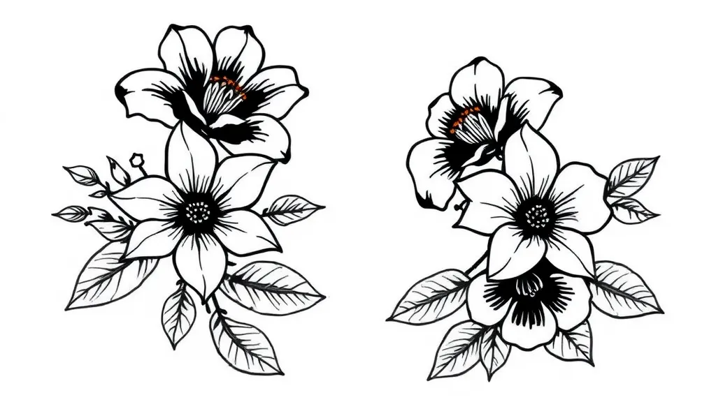 flores pretas e brancas com arabescos entre elas na vertical tattoo