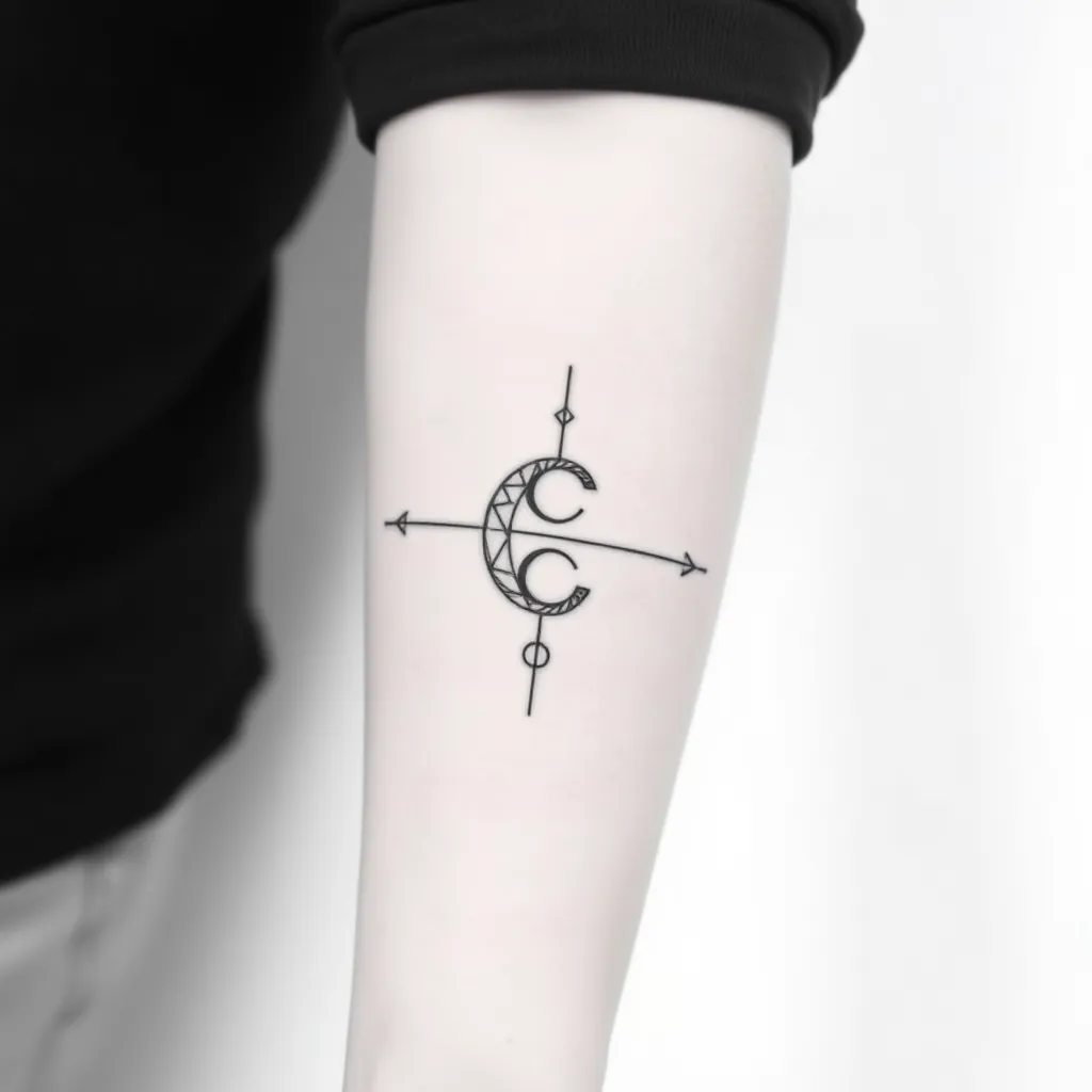 tatouage homme avant bras, noir et blanc. il symbolise la notion d'equilibre. les motifs sont géometriques et au nombre maximum de 3.les traits sont fins.cacher 2 lettres "C" dans le dessin. tatuaż