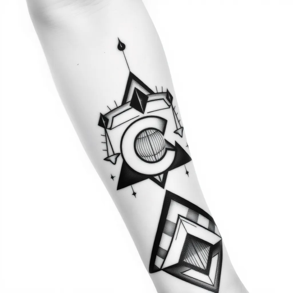 tatouage homme avant bras, noir et blanc. il symbolise la notion d'equilibre. les motifs sont géometriques et au nombre maximum de 3.les traits sont fins.cacher 2 lettres "C" dans le dessin. tetování