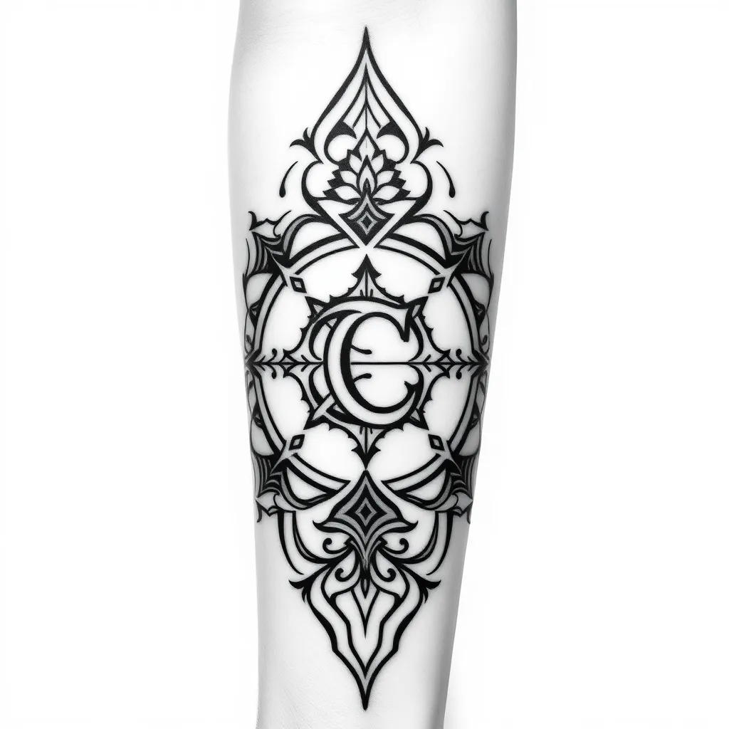 tatouage homme avant bras, noir et blanc. il symbolise la notion d'equilibre. les motifs sont géometriques et au nombre maximum de 3.les traits sont fins.2 lettres "C" sont inserées dans le dessin mais cachées dans le motif général tatouage