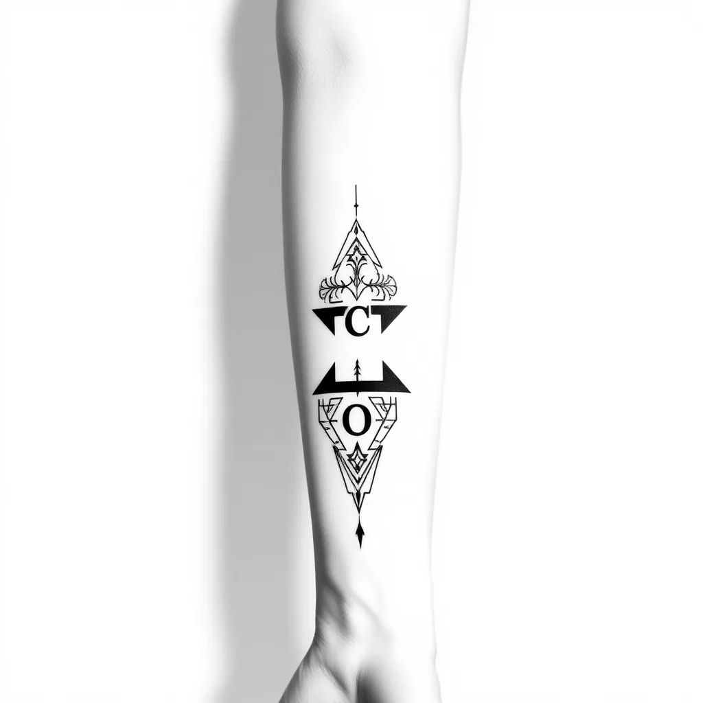 tatouage homme avant bras, noir et blanc. il symbolise la notion d'equilibre. les motifs sont géometriques et au nombre maximum de 3.les traits sont fins.2 lettres "C" sont inserées dans le dessin. τατουάζ