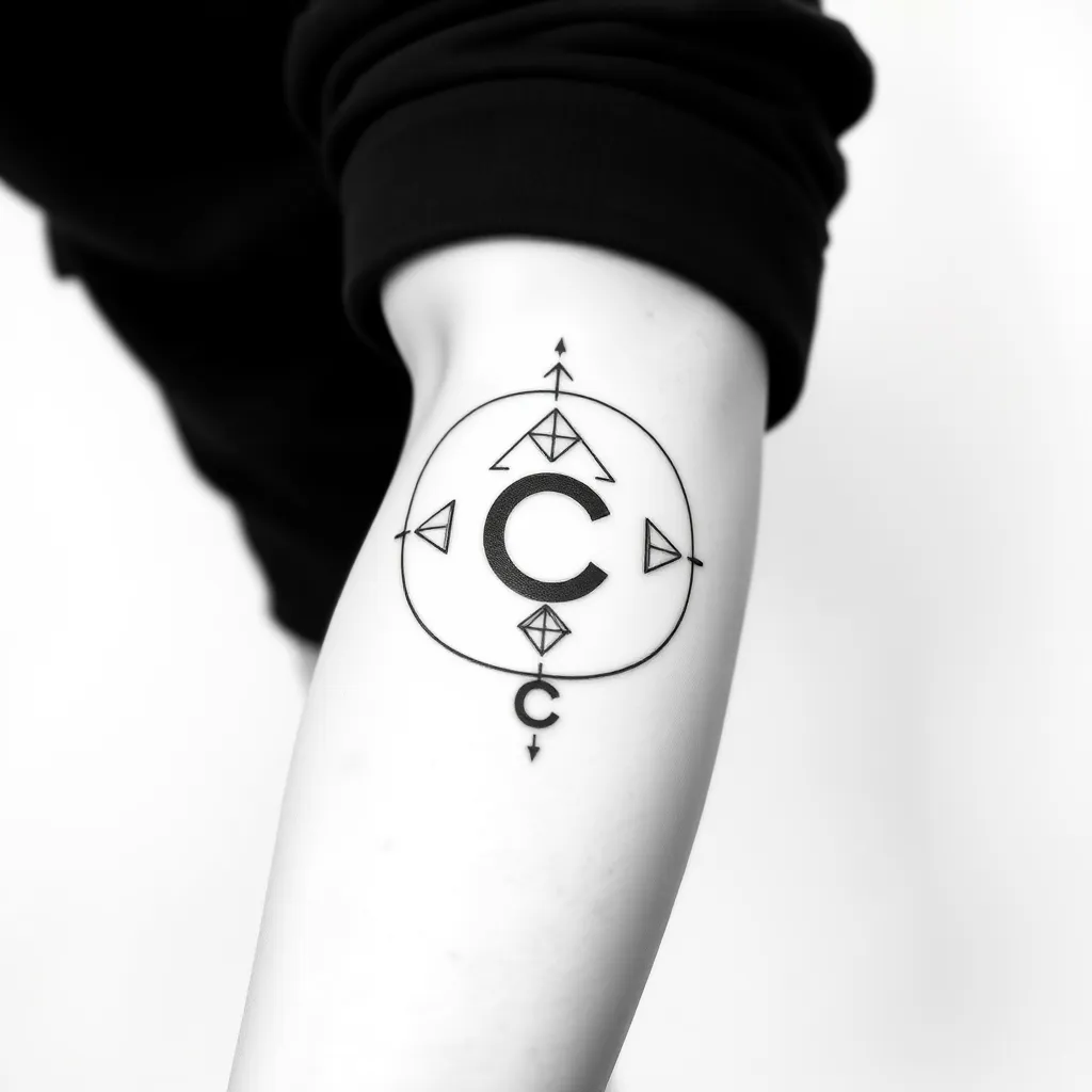 tatouage homme avant bras, noir et blanc. il symbolise la notion d'equilibre. les motifs sont géometriques et au nombre maximum de 3.les traits sont fins.2 lettres "C" sont inserées dans le dessin. τατουάζ