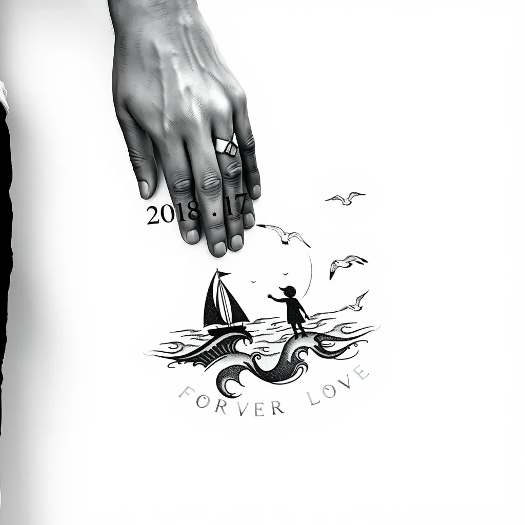 Black and white minimalist tattoo, adult hand (0.3mm line) holding a child's hand (48% size, 0.2mm dot shading), date "20180117" and "FOREVER LOVE" in Old English font, coastal silhouette with sailboat, mother-child moon gaze, 7 seagulls in "2018" formation, wave patterns with 8:1 rhythm, cross-hatched moonlight reflections, 1200dpi, remove commercial elements
Tätowierung