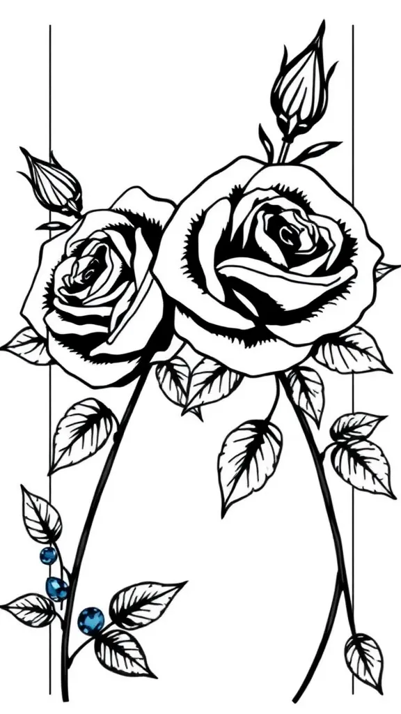 rosas preta e branca com arabescos na vertical tattoo