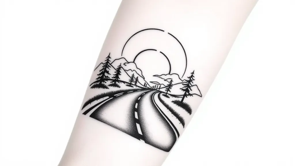 Tatuaje en blanco y negro para el antebrazo interno. Representa una carretera que comienza cerca de la muñeca y se desvanece hacia el codo. La carretera debe ser suave y no ocupar todo el ancho del brazo, con líneas limpias y un diseño ligero que permita futuras adiciones. 纹身